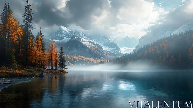 Gentle alpine lake rests beneath misty snow capped mountains