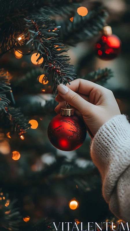 Photorealistic close-up of hand placing red bauble on tree.