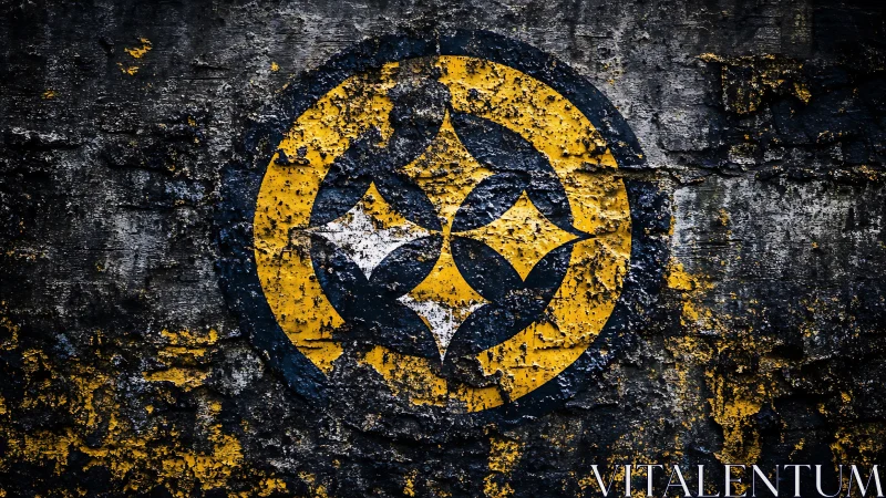 Weathered circular emblem painted on rough concrete wall