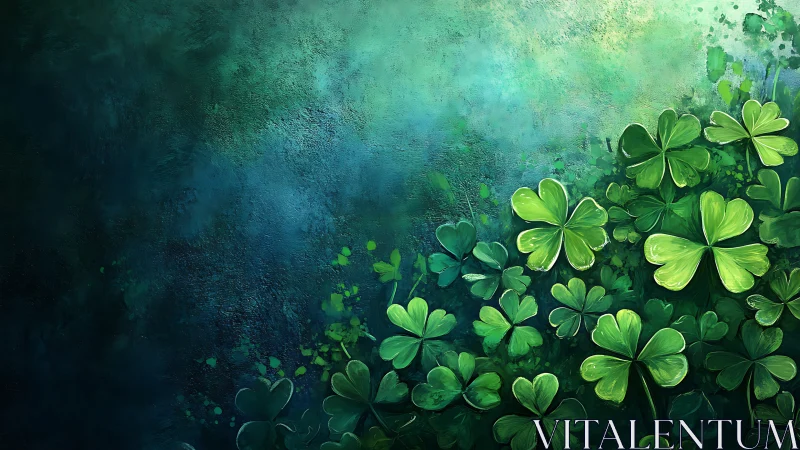 Luminous clover leaves against textured teal ground.