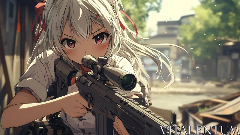 Anime sniper girl aiming rifle in sunlit urban alleyway