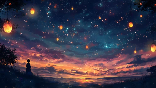 Silhouetted figure observes illuminated sky at dusk with lanterns