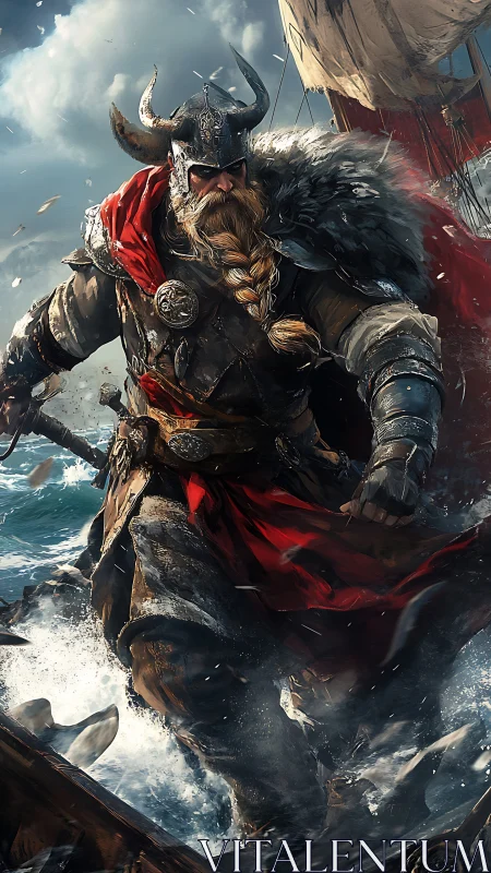Viking warrior charges forward on stormy open sea.