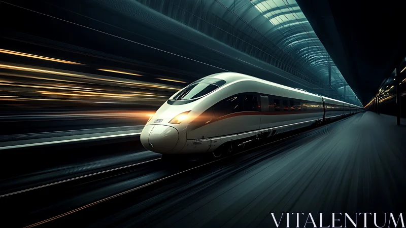 Futuristic bullet train streaking through neon terminal tunnel.