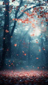 Autumn Leaves Cascading Through Luminous Snowfall Against Darkened Sky