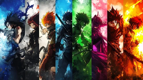 Vibrant anime heroes stand bold in a blazing color spectrum