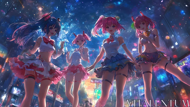 Idol friends glowing under a neon city night sky.