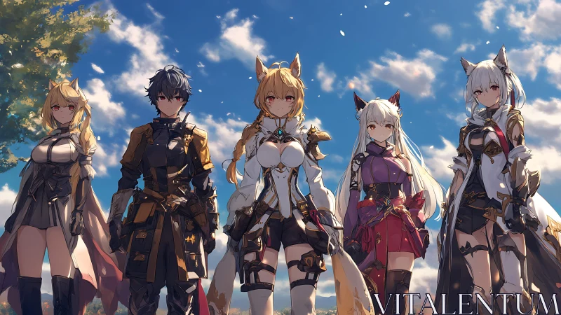Fox-eared fantasy squad under bright blue sky line-up.