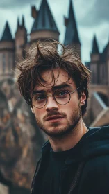 Brooding young wizard before storm-kissed castle towers.
