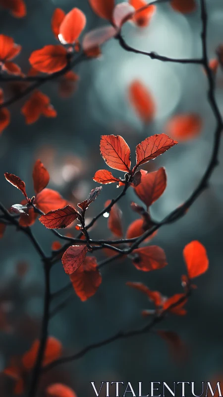 Red leaves in sharp focus against cool blurred background.