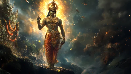 Divine humanoid figure radiates light amid stormy mythic landscape