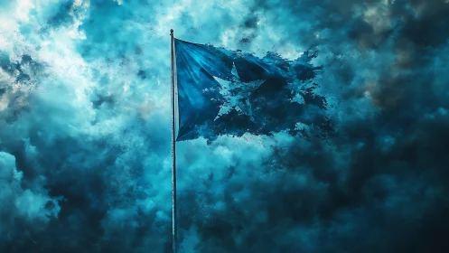Tattered cyan star flag disintegrating within turbulent clouds