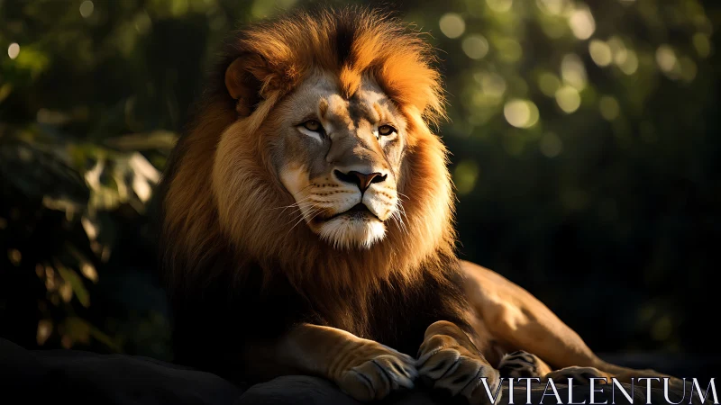 Male lion resting on rock in soft forest edge light.