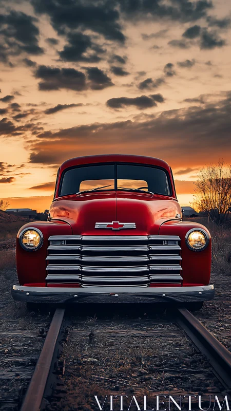 Red vintage Chevrolet truck centered on railway tracks.