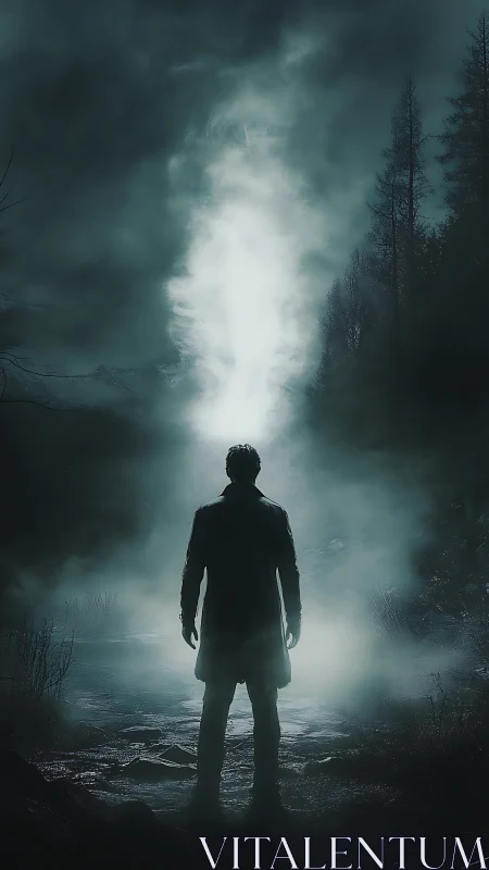 Lone wanderer pauses before a swirling midnight portal.