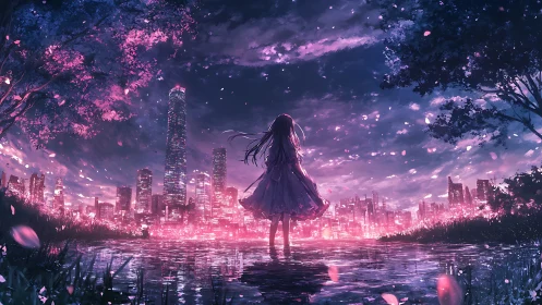 Girl by reflective lake facing neon pink city skyline.