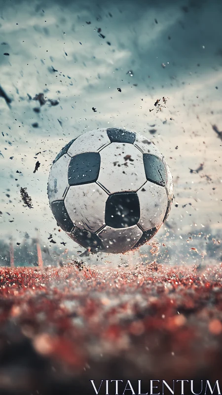 Soccer ball impacting wet field surface with flying debris.