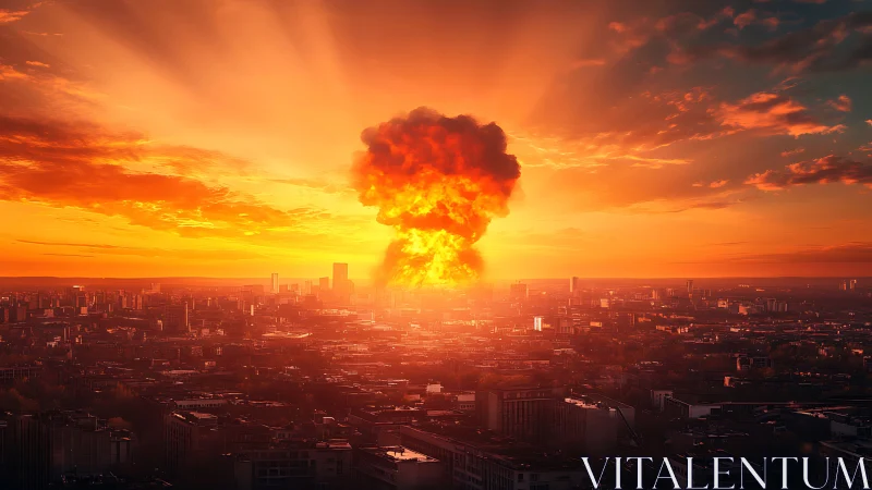 Urban skyline silhouetted against nuclear fireball at sunset