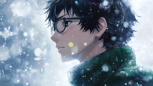 Side profile of young male figure in falling winter snow.