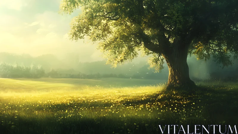 Sunlit meadow oak tree glows through misty golden dawn.