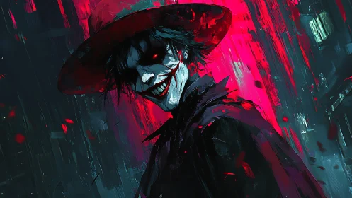 Neon grin in scarlet rain, a laughing shadow stalks midnight.