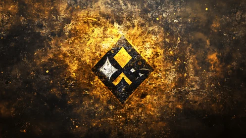 Abstract diamond-shaped emblem floats over textured gold field