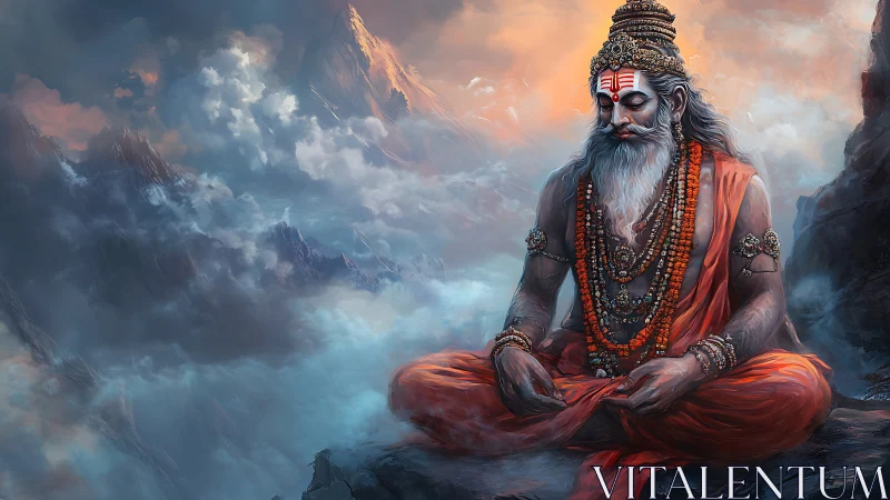 Himalayan sage in deep meditation amid swirling cloudscape.