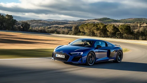 Blue sports coupe moves along dry racing circuit under clouds