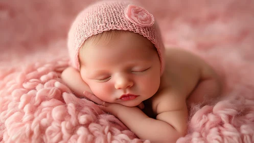 Newborn infant in repose with knitted pink textile accessories.