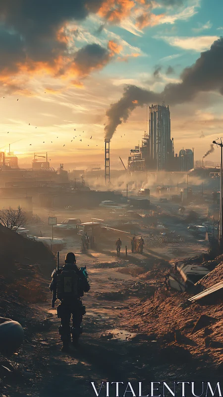 Industrial complex with armored figure in ruined landscape.