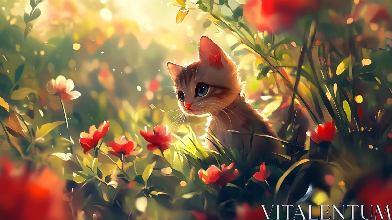 Feline Portrait in Sunlit Wildflower Garden with Luminous Atmospheric Effect