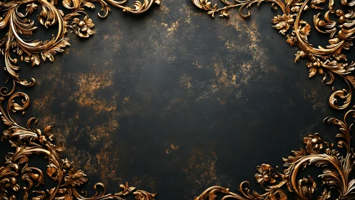 Ornate gold floral corner frames surround textured dark panel