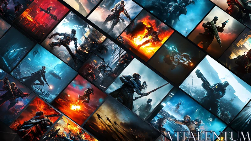 Diagonal montage of sci‑fi combat scenes with high‑contrast lighting