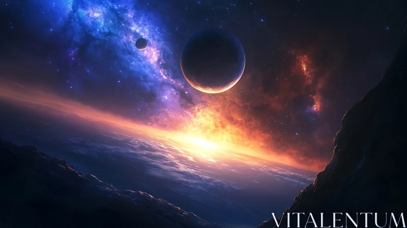 Cosmic sunrise over alien ocean with glowing planets.