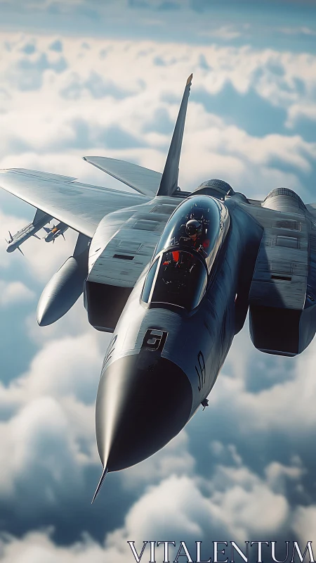 Twin-engine fighter jet above dense cloud layer in flight.