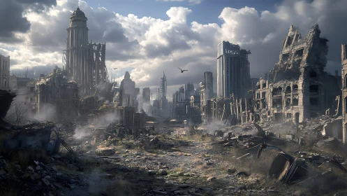 Ruined skyscraper corridor under stormy postwar sky.