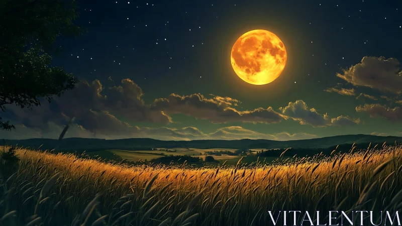 Harvest moon ignites a sweeping golden field at midnight.