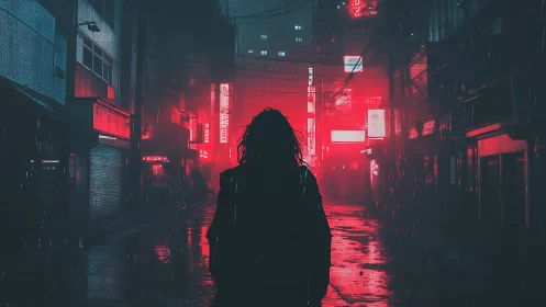 Silhouette stands in neon lit rainy alley at night
