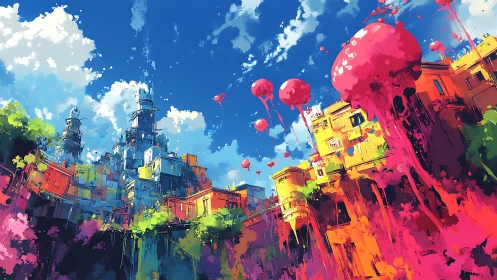 Color-drenched sky city with drifting pink jellyfish.
