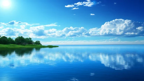 High dynamic range lake horizon with mirrored cumulus reflections