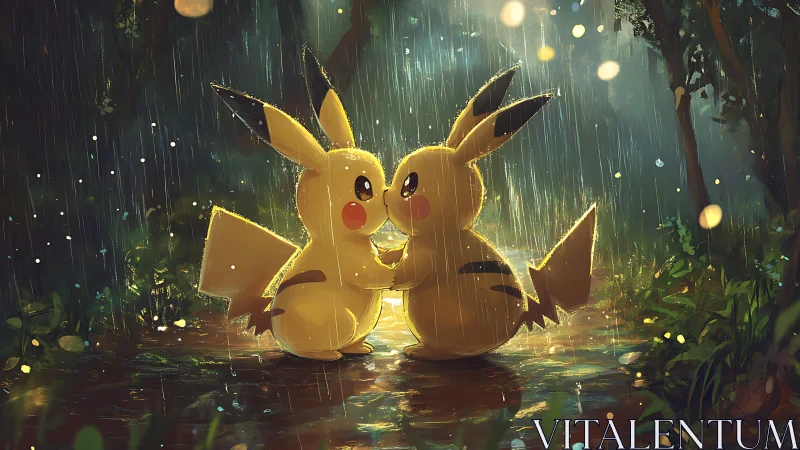 Pikachu couple share a glowing, rainy forest embrace.