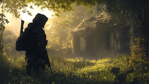 Armed wanderer surveys overgrown cottage in cinematic backlight