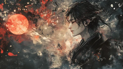 Melancholic warrior profile under red moon and swirling sky.