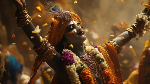 Ritualistic deity figure in dynamic floral immersion scene.