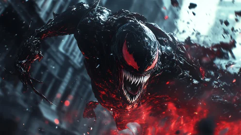 Monstrous symbiote lunges through burning city street.