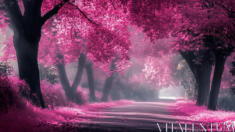 Dreamy pink forest path washed in gentle morning light.