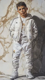 Portrait of Young Male Athlete in White Adidas Tracksuit.