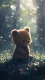 Soft teddy bear sits in dreamy rainlit forest clearing.