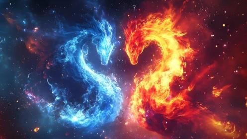 Elemental dragon duel sets fire and ice against the stars.