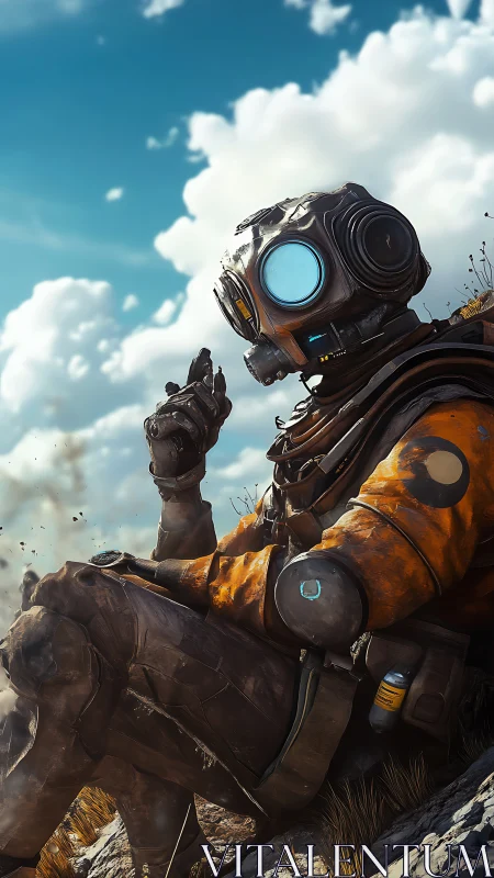 Figure in orange pressure suit sits on rocky terrain